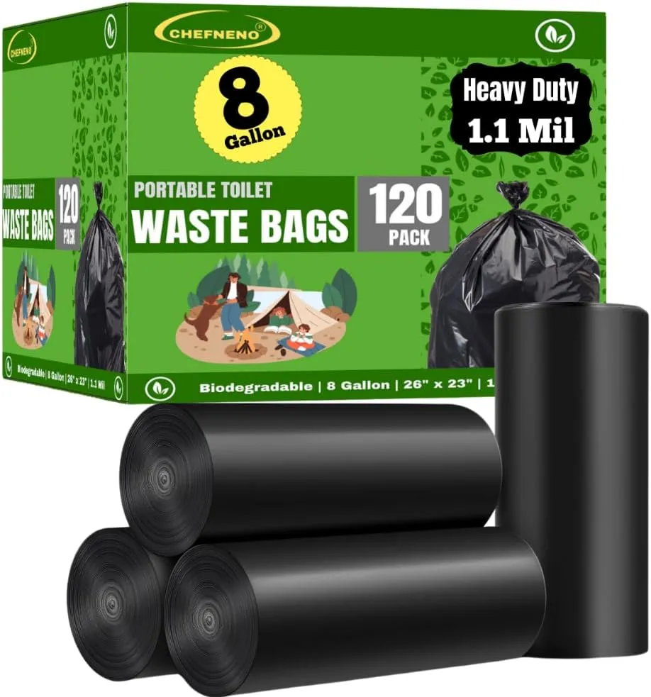 Portable Camping Waste Toilet Bags, 8 Gallon Black Can Liner for Travel, Camping and Outdoor Getaways (120 Count)