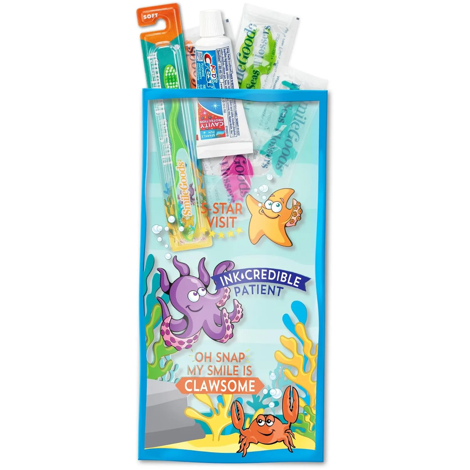 Practicon FlosSeas 6" x 12" Dental Giveaway Bag, Dental Hygiene Patient Care Goodie Bag, Dentist Office Plastic Gift Bags, 100 Pack