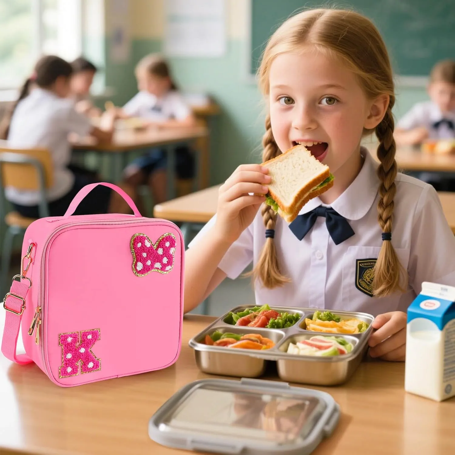 Preppy Initial Bow Mouse Lunch Bag, Kids Insulated Lunch Box Gifts for Teen Girls Daughter, Reusable Soft Lunch Containers Crossbody Cooler Bag Must Haves for Park Travel School Work Picnic Pink K