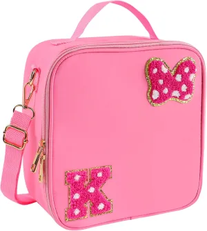 Preppy Initial Bow Mouse Lunch Bag, Kids Insulated Lunch Box Gifts for Teen Girls Daughter, Reusable Soft Lunch Containers Crossbody Cooler Bag Must Haves for Park Travel School Work Picnic Pink K