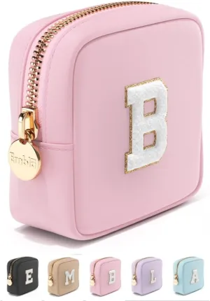 Preppy Makeup Bag Travel Cosmetic Pouch, Cute Make up Case with Personalized Initial, Girls Zipper Pouch Purse Cosmetics Organizer Tote, Waterproof Travel Skincare Makeup Bag, Flamingo (Letter B)