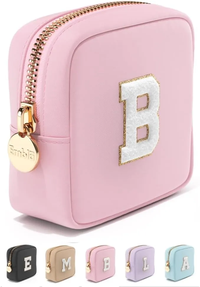 Preppy Makeup Bag Travel Cosmetic Pouch, Cute Make up Case with Personalized Initial, Girls Zipper Pouch Purse Cosmetics Organizer Tote, Waterproof Travel Skincare Makeup Bag, Flamingo (Letter B)