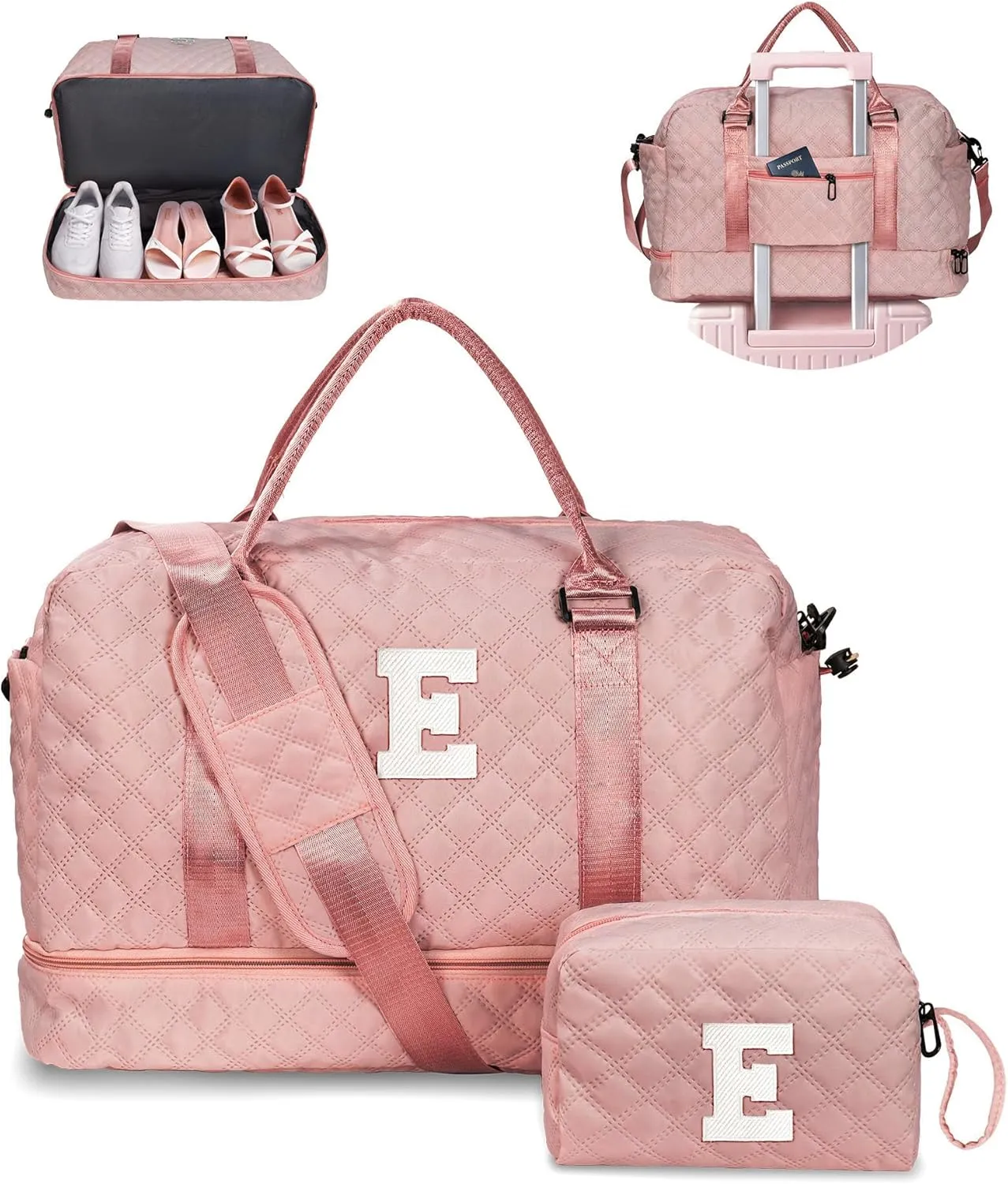 Preteen Gifts, Travel Bags for Girls, Initial Duffle Bag with Shoe Compartment, Kids Weekender Bag with Shoulder Strap, Overnight Bag for Women,Travel Bag with Makeup Bag (Letter E)