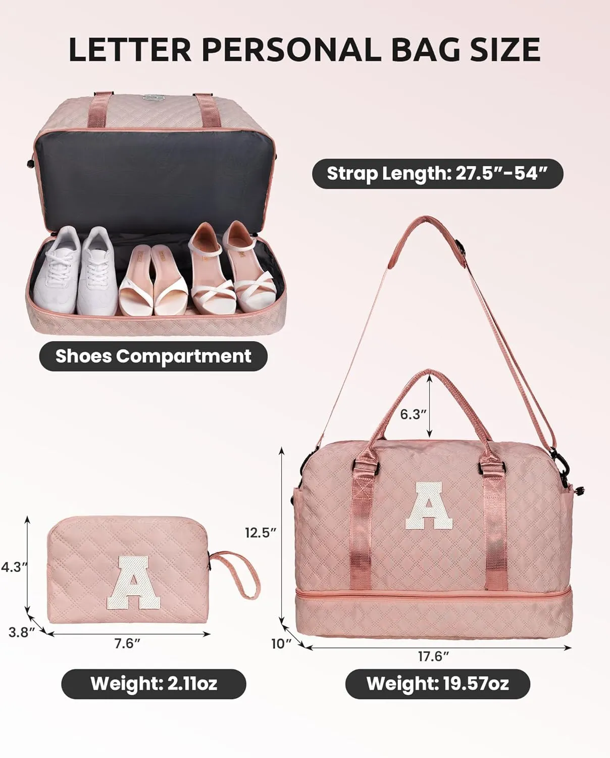 Preteen Gifts, Travel Bags for Girls, Initial Duffle Bag with Shoe Compartment, Kids Weekender Bag with Shoulder Strap, Overnight Bag for Women,Travel Bag with Makeup Bag (Letter E)