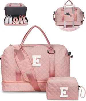 Preteen Gifts, Travel Bags for Girls, Initial Duffle Bag with Shoe Compartment, Kids Weekender Bag with Shoulder Strap, Overnight Bag for Women,Travel Bag with Makeup Bag (Letter E)