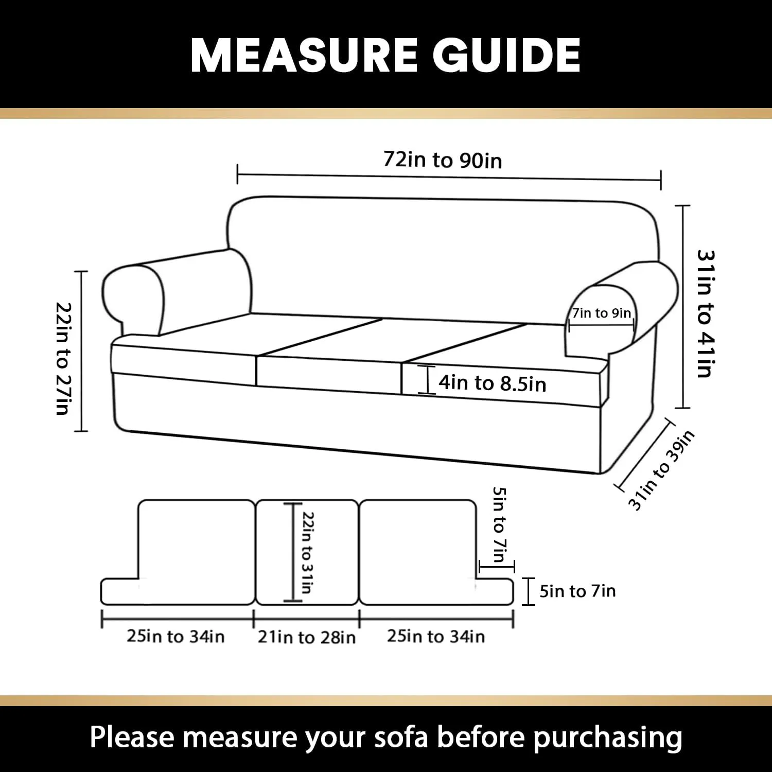 PrinceDeco T Cushion Sofa Slipcover 4 Pieces Sofa Covers for T Cushion Couch Soft Sofa Slip Covers Furniture Protector with 3 Individual T Shape Seat Covers (72"-90") Washable, Black