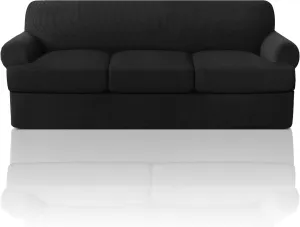 PrinceDeco T Cushion Sofa Slipcover 4 Pieces Sofa Covers for T Cushion Couch Soft Sofa Slip Covers Furniture Protector with 3 Individual T Shape Seat Covers (72"-90") Washable, Black