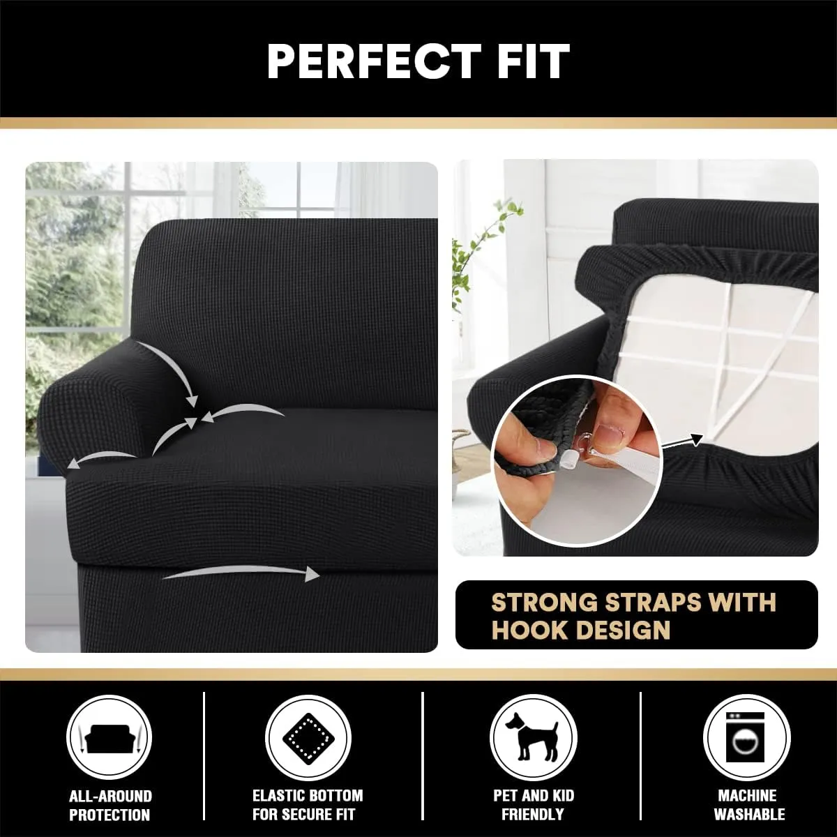 PrinceDeco T Cushion Sofa Slipcover 4 Pieces Sofa Covers for T Cushion Couch Soft Sofa Slip Covers Furniture Protector with 3 Individual T Shape Seat Covers (72"-90") Washable, Black