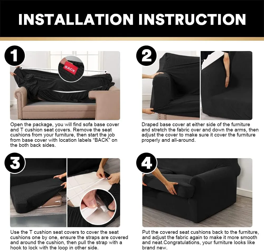 PrinceDeco T Cushion Sofa Slipcover 4 Pieces Sofa Covers for T Cushion Couch Soft Sofa Slip Covers Furniture Protector with 3 Individual T Shape Seat Covers (72"-90") Washable, Black
