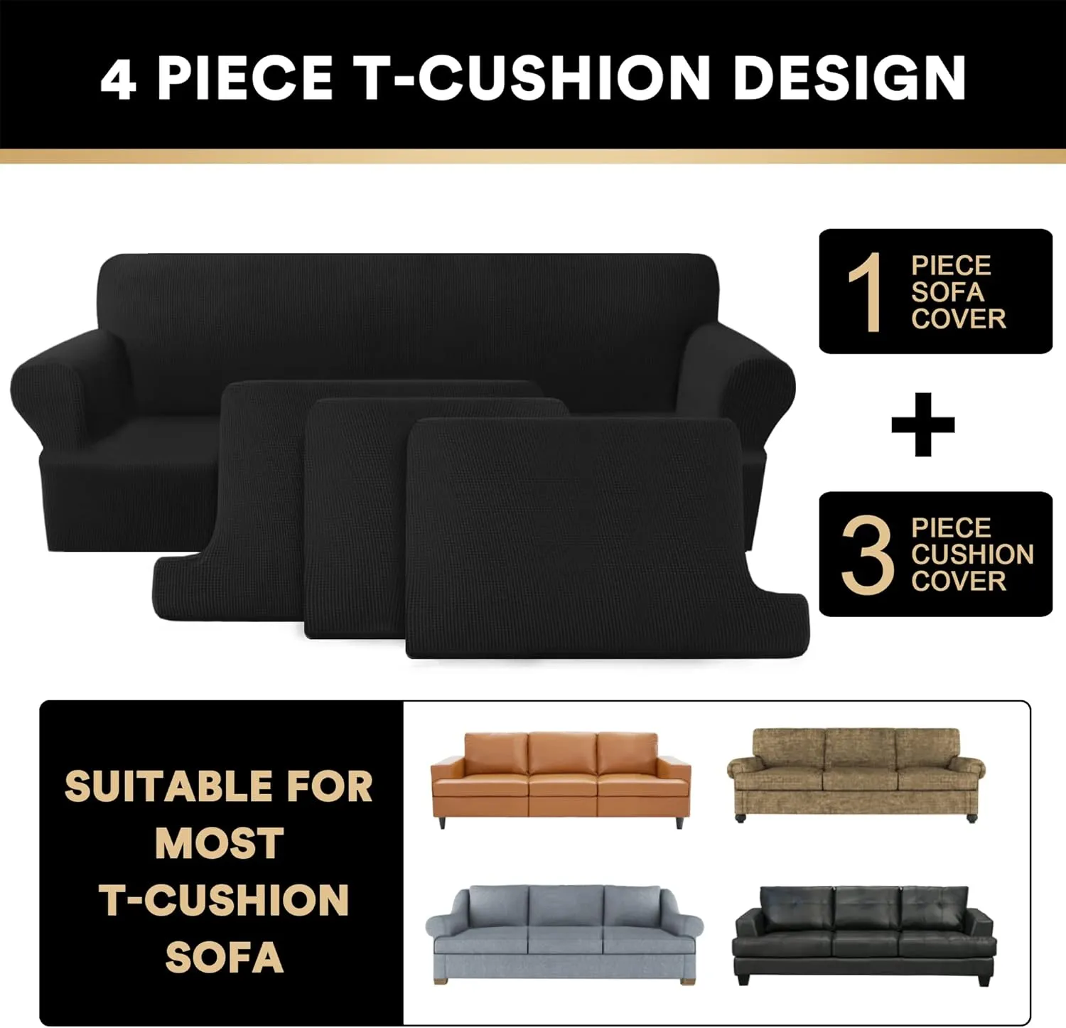 PrinceDeco T Cushion Sofa Slipcover 4 Pieces Sofa Covers for T Cushion Couch Soft Sofa Slip Covers Furniture Protector with 3 Individual T Shape Seat Covers (72"-90") Washable, Black