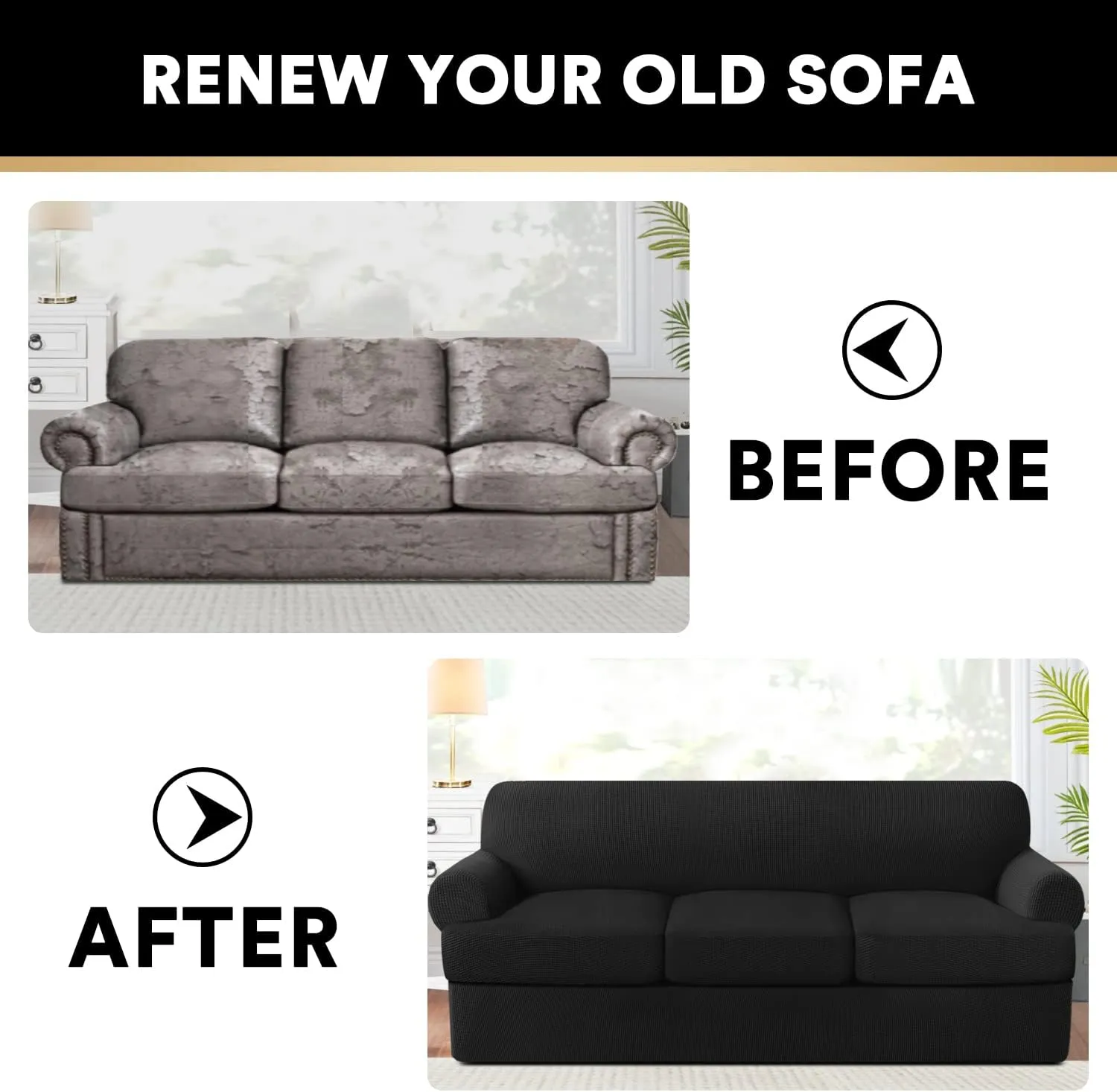 PrinceDeco T Cushion Sofa Slipcover 4 Pieces Sofa Covers for T Cushion Couch Soft Sofa Slip Covers Furniture Protector with 3 Individual T Shape Seat Covers (72"-90") Washable, Black