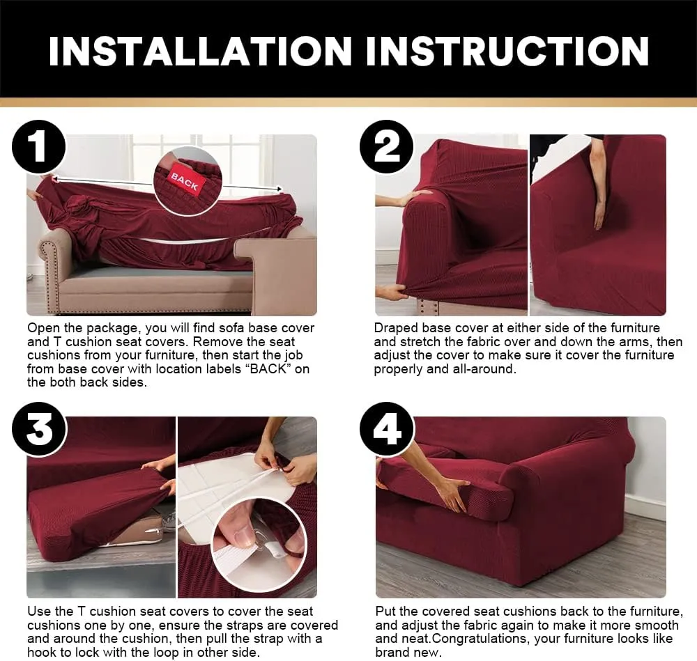 PrinceDeco T Cushion Sofa Slipcover 4 Pieces Sofa Covers for T Cushion Couch Soft Sofa Slip Covers Furniture Protector with 3 Individual T Shape Seat Covers Width Up to 90" Burgundy