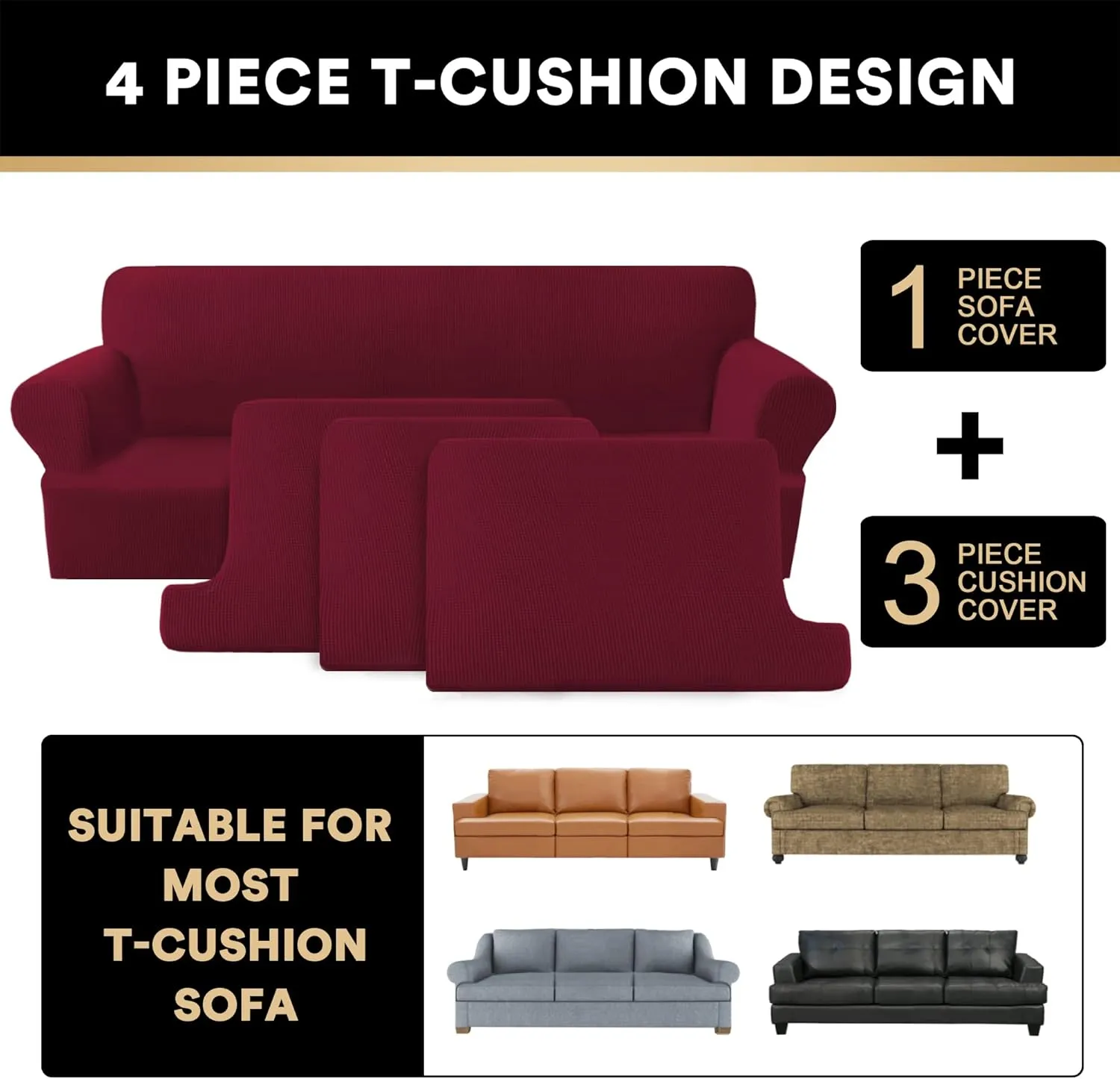 PrinceDeco T Cushion Sofa Slipcover 4 Pieces Sofa Covers for T Cushion Couch Soft Sofa Slip Covers Furniture Protector with 3 Individual T Shape Seat Covers Width Up to 90" Burgundy