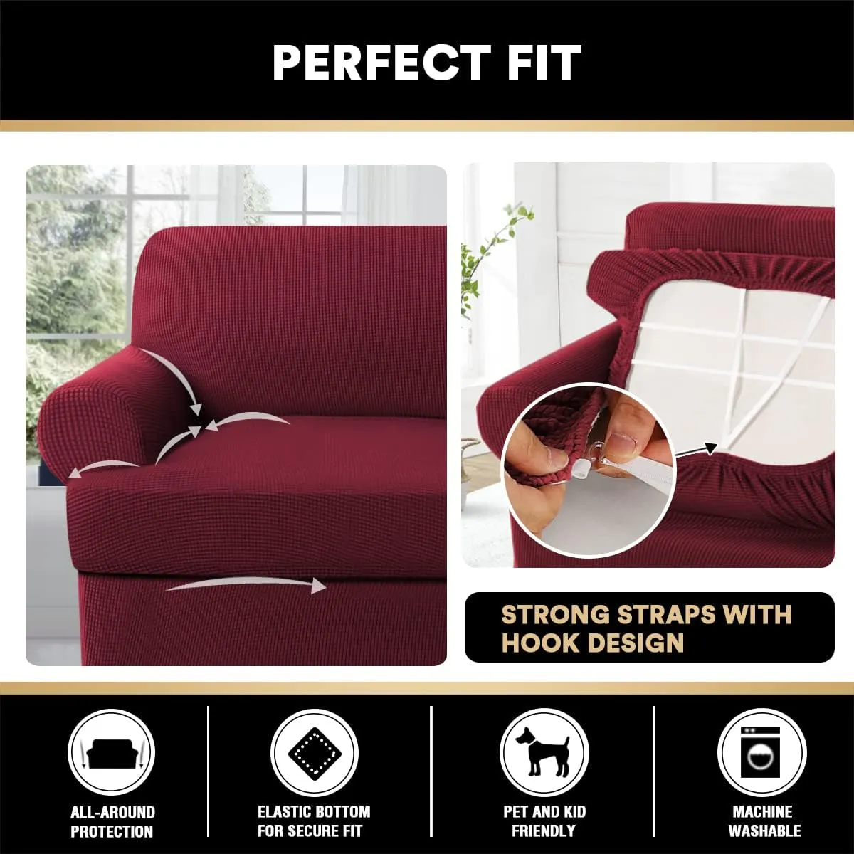 PrinceDeco T Cushion Sofa Slipcover 4 Pieces Sofa Covers for T Cushion Couch Soft Sofa Slip Covers Furniture Protector with 3 Individual T Shape Seat Covers Width Up to 90" Burgundy