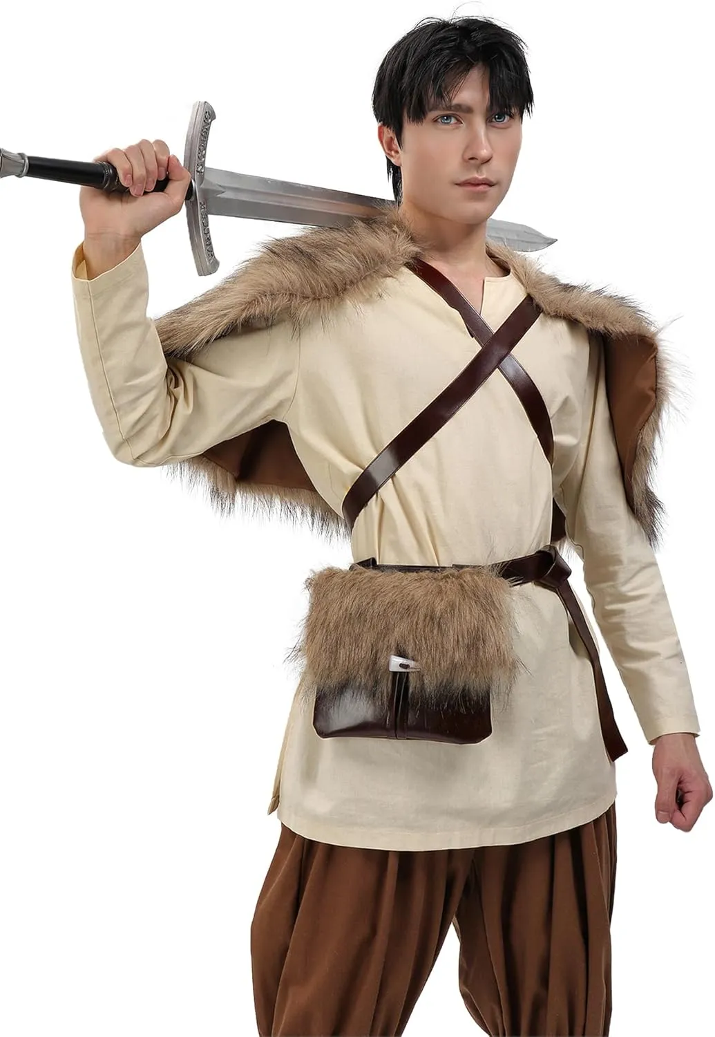 PROCOS Medieval Belt Pouch Fuzzy Bag with Faux Fur Cover Purse Portable Waist Bag Renaissance Cosplay Accessory Festival LARP (1, Brown)