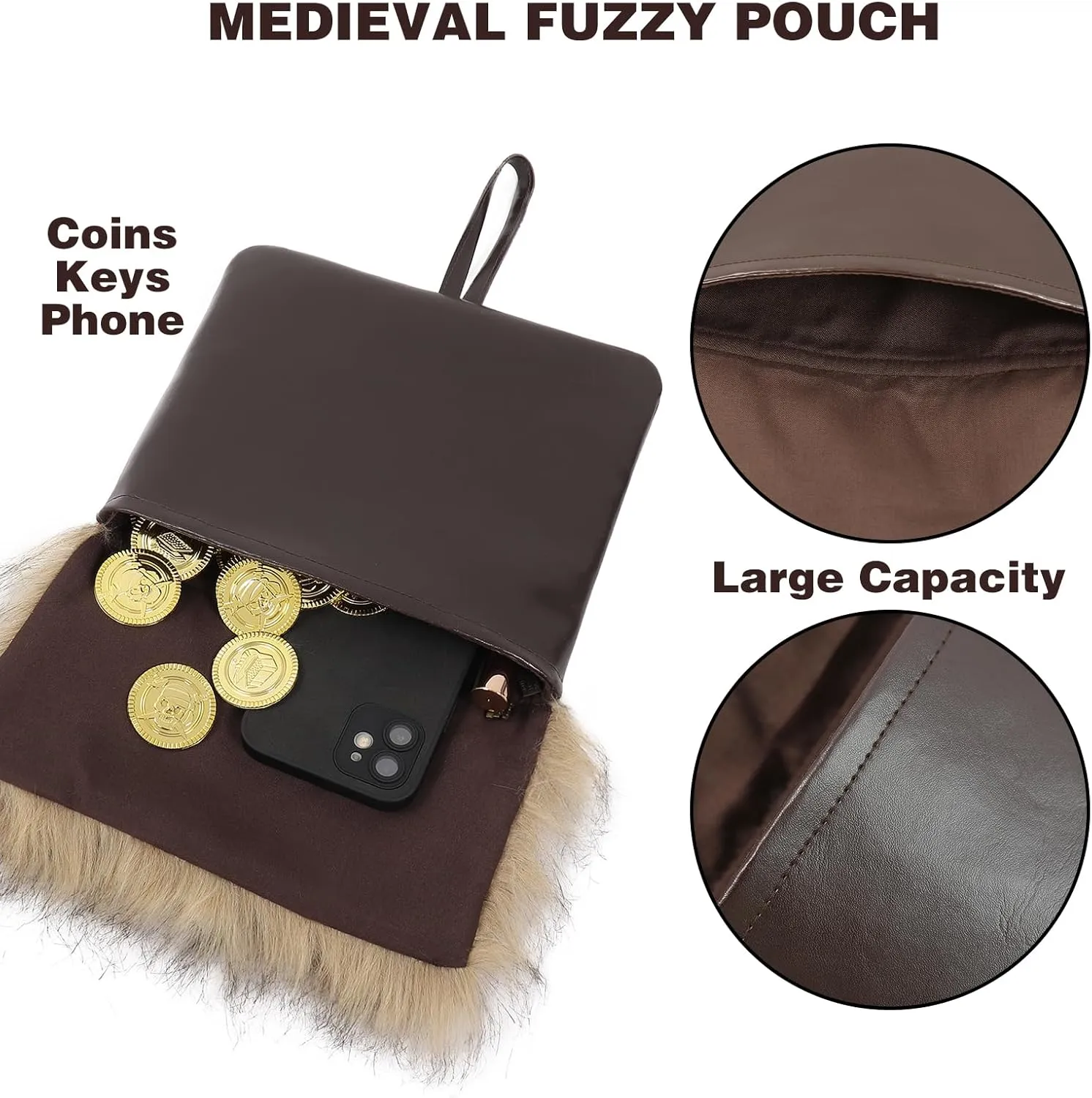 PROCOS Medieval Belt Pouch Fuzzy Bag with Faux Fur Cover Purse Portable Waist Bag Renaissance Cosplay Accessory Festival LARP (1, Brown)