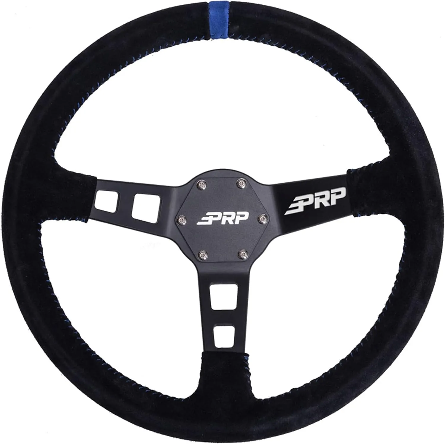 PRP Seats Deep Dish Steering Wheel with Suede Grip for Off-Road Racing, High-Strength Aluminum, Matte Black Finish, Universal 6 Point Bolt Pattern, 13" x 3" Dish (Blue)