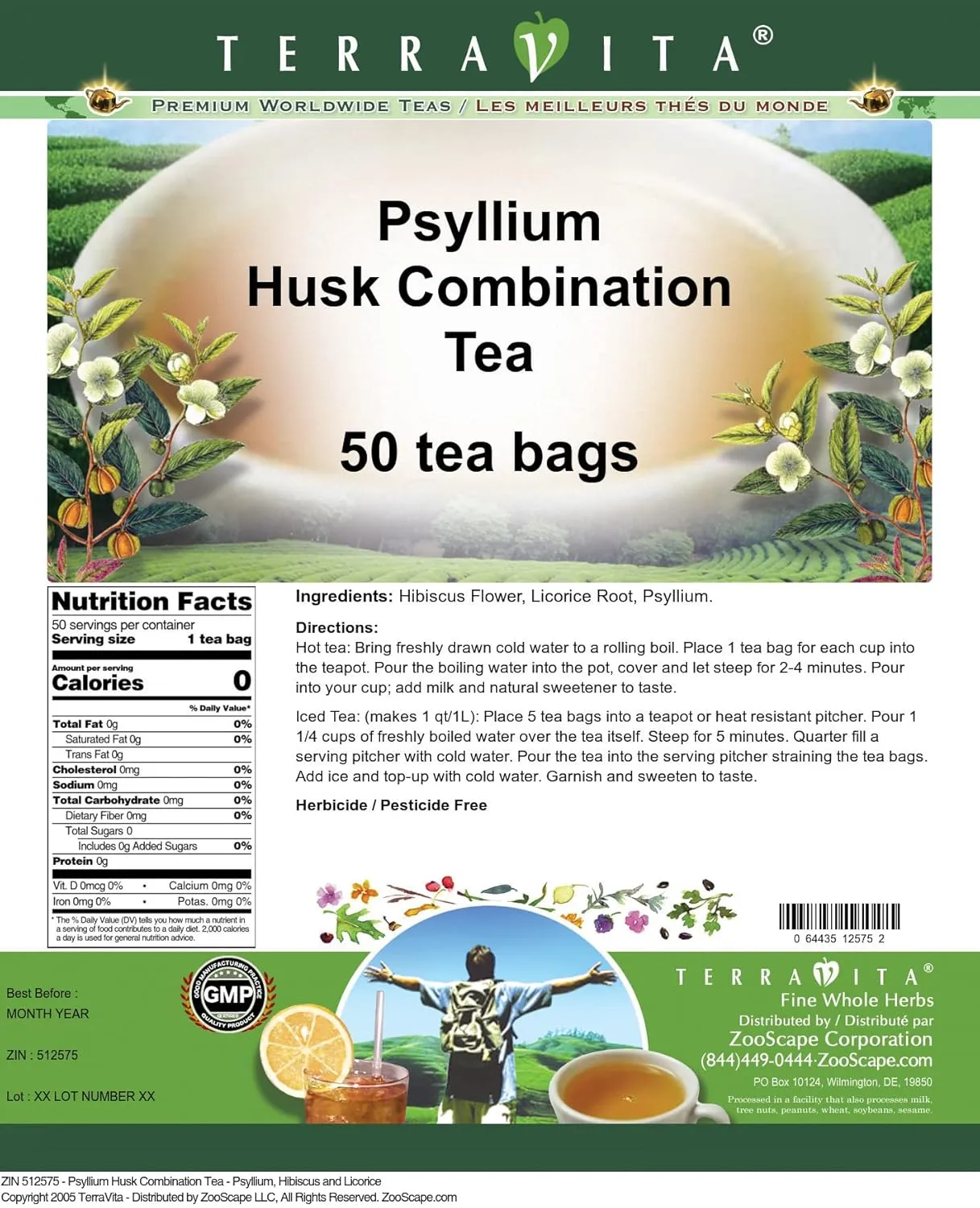 Psyllium Husk Combination Tea - Psyllium, Hibiscus and Licorice (50 tea bags, ZIN: 512575) - 2 Pack