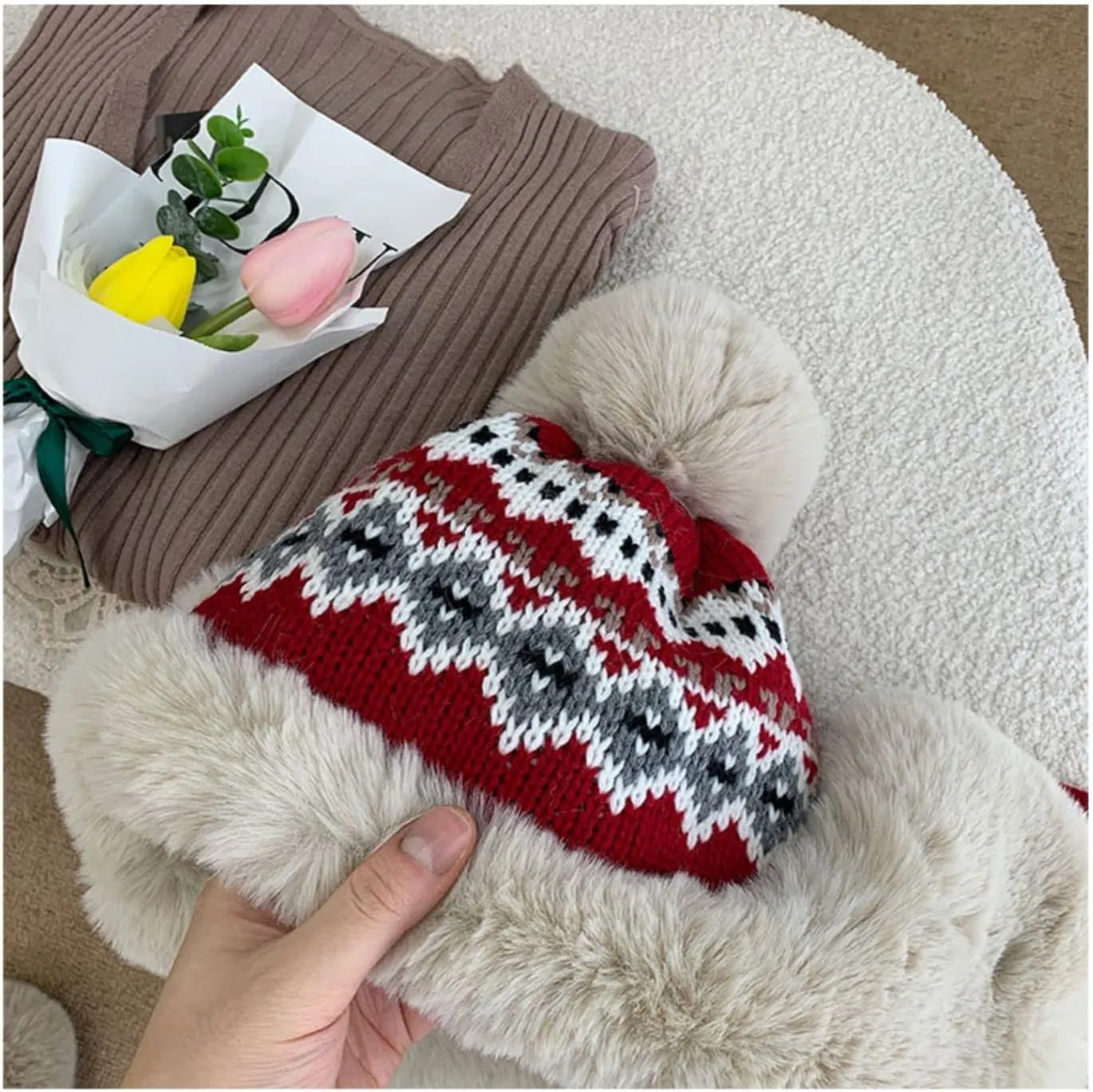 PURFUN Women Teens Knitted Trapper Hat with Thick Faux Fur Lining, Windproof Ushanka Earflap Cap Beanie Cycling Ski Cap Hat
