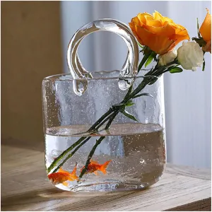 Purse Vase, Multifunctional Hand Glass Vase Purse Vase with Fish Bowl Handbag Vase, for Floral Arrangement Centerpiece Home Decor,Style1-Gray