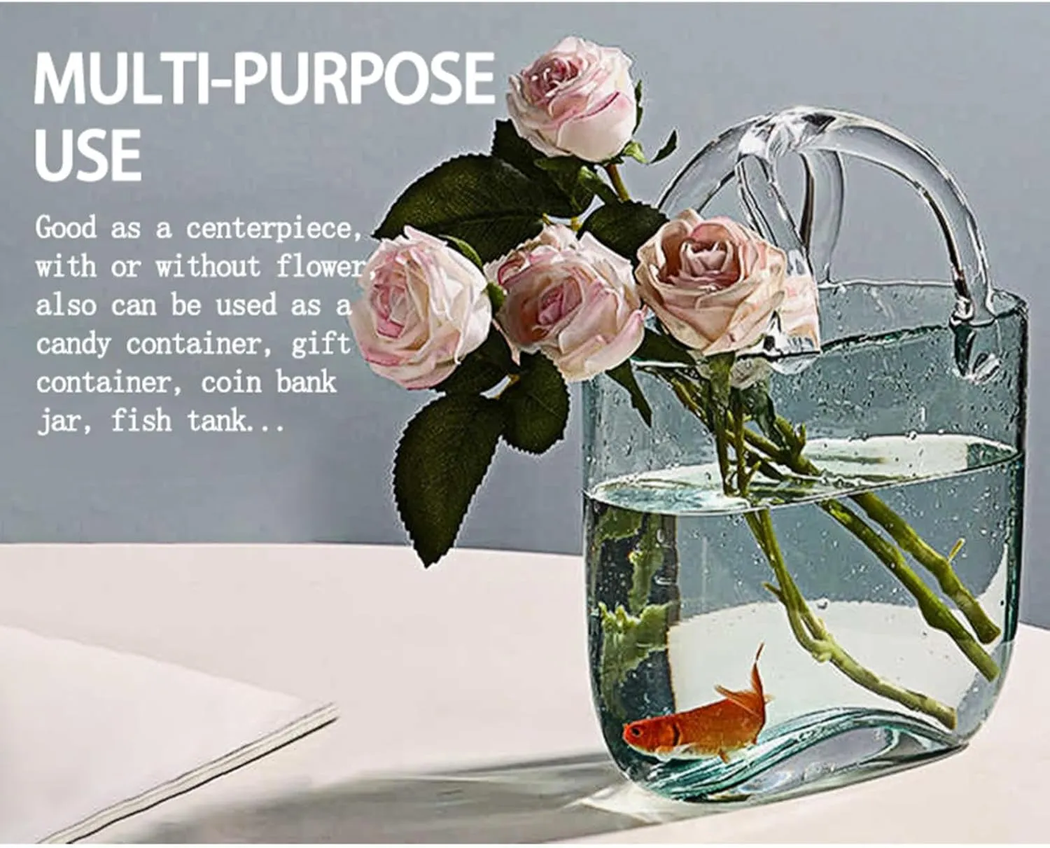 Purse Vase, Multifunctional Hand Glass Vase Purse Vase with Fish Bowl Handbag Vase, for Floral Arrangement Centerpiece Home Decor,Style1-Gray