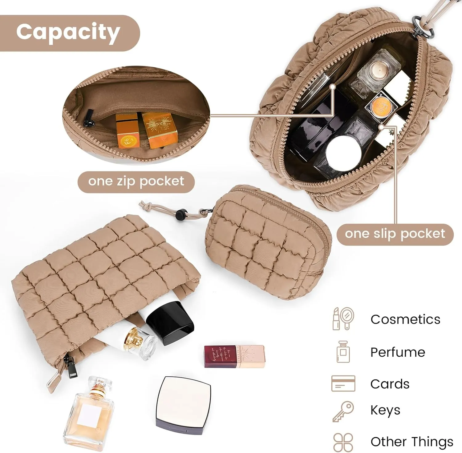 Quilted Makeup Bag and Zip Card Pouch Key Chain Puffer Cosmetic Bag Travel Cute Makeup Bag Organizer Mini Coin Purse