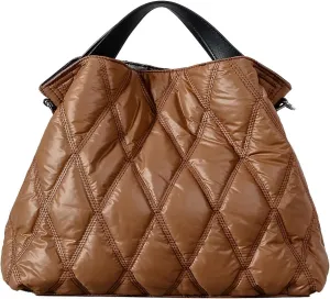 Quilted Tote Bag for Women, Soft Puffer Bag Lightweight Trendy Crossbody Bags Purse with Long Shoulder Strap