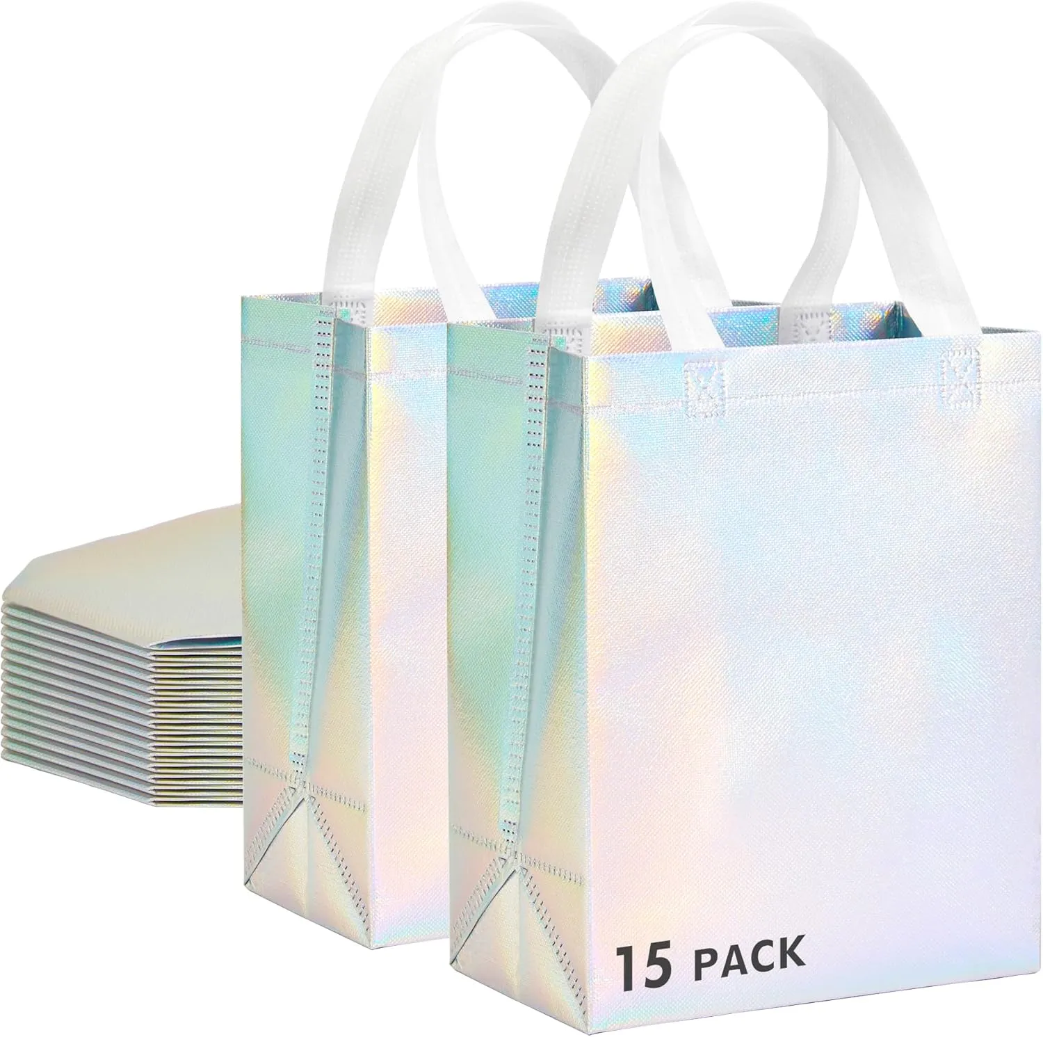 RACETOP 15 Pcs Iridescent Glossy Gift Bags Medium Size, 8x4x10 Inch Holographic Reusable Gift Bags with Handles & Sturdy Base, Ideal for Birthday, Wedding, Bachelorette, Party Favors, Holiday Goodie