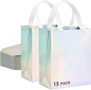 RACETOP 15 Pcs Iridescent Glossy Gift Bags Medium Size, 8x4x10 Inch Holographic Reusable Gift Bags with Handles & Sturdy Base, Ideal for Birthday, Wedding, Bachelorette, Party Favors, Holiday Goodie