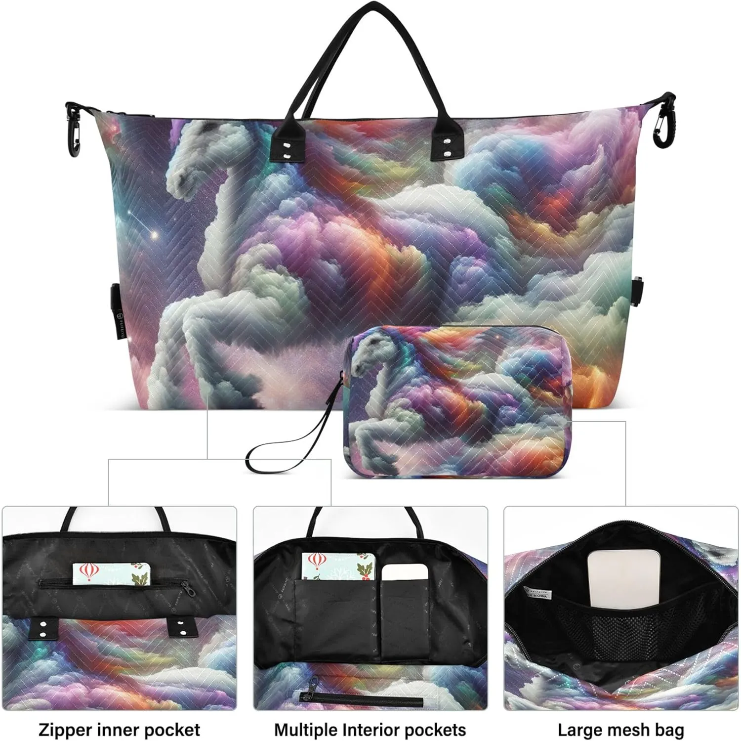 Rainbow Unicorn Nebula Duffle Travel Bags Toiletry Bag Set of 2, Modern Womens Small Duffel Bag Weekender Bag