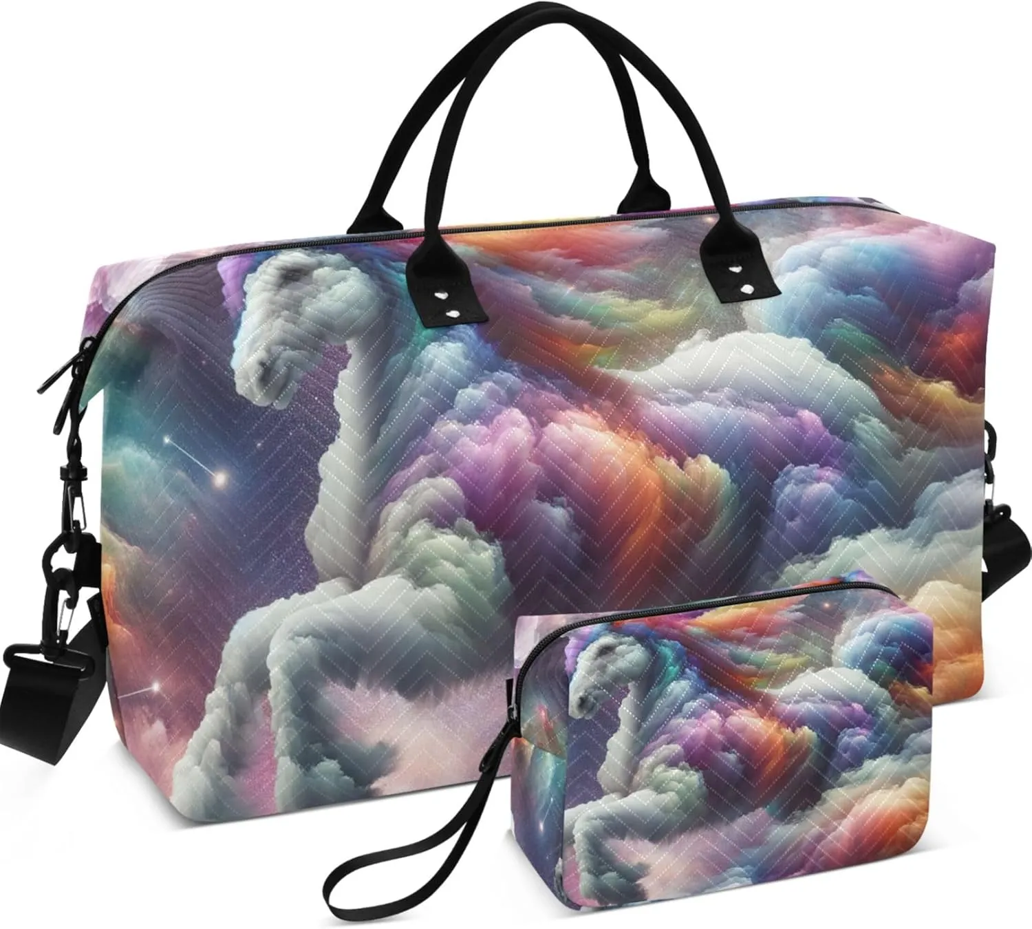Rainbow Unicorn Nebula Duffle Travel Bags Toiletry Bag Set of 2, Modern Womens Small Duffel Bag Weekender Bag