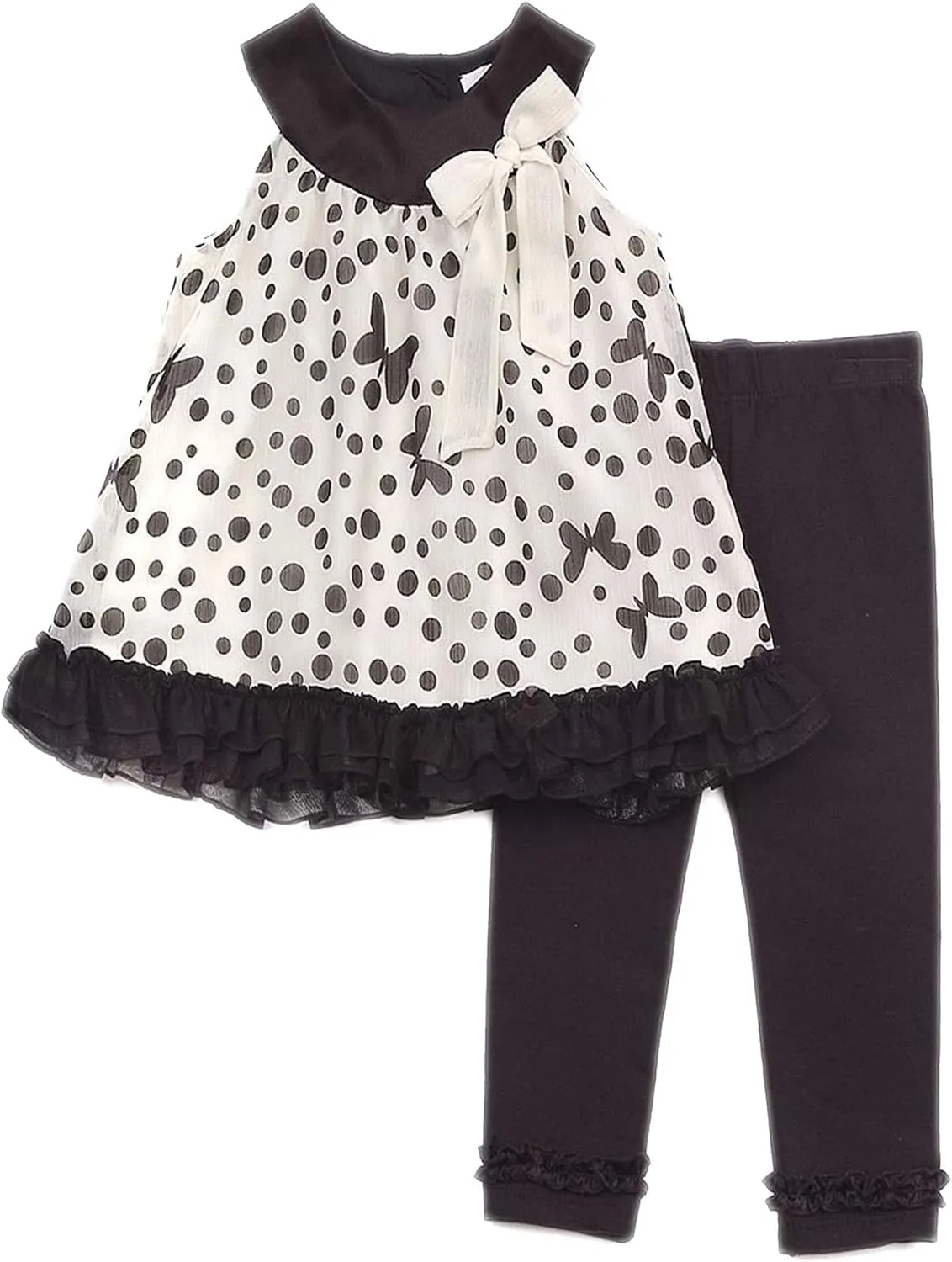 Rare Editions Girls 2T-6X Ivory Black Dots Butterflies Chiffon Dress/Legging Set