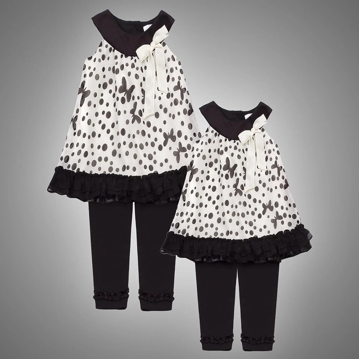Rare Editions Girls 2T-6X Ivory Black Dots Butterflies Chiffon Dress/Legging Set