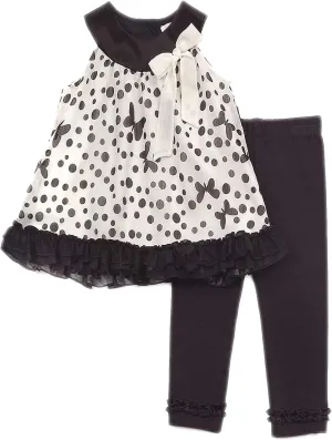 Rare Editions Girls 2T-6X Ivory Black Dots Butterflies Chiffon Dress/Legging Set