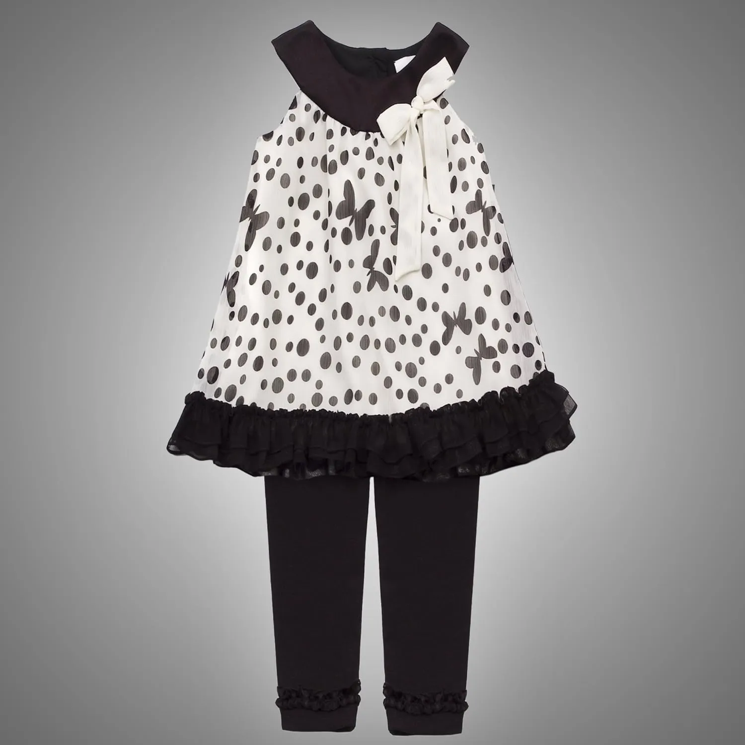 Rare Editions Girls 2T-6X Ivory Black Dots Butterflies Chiffon Dress/Legging Set