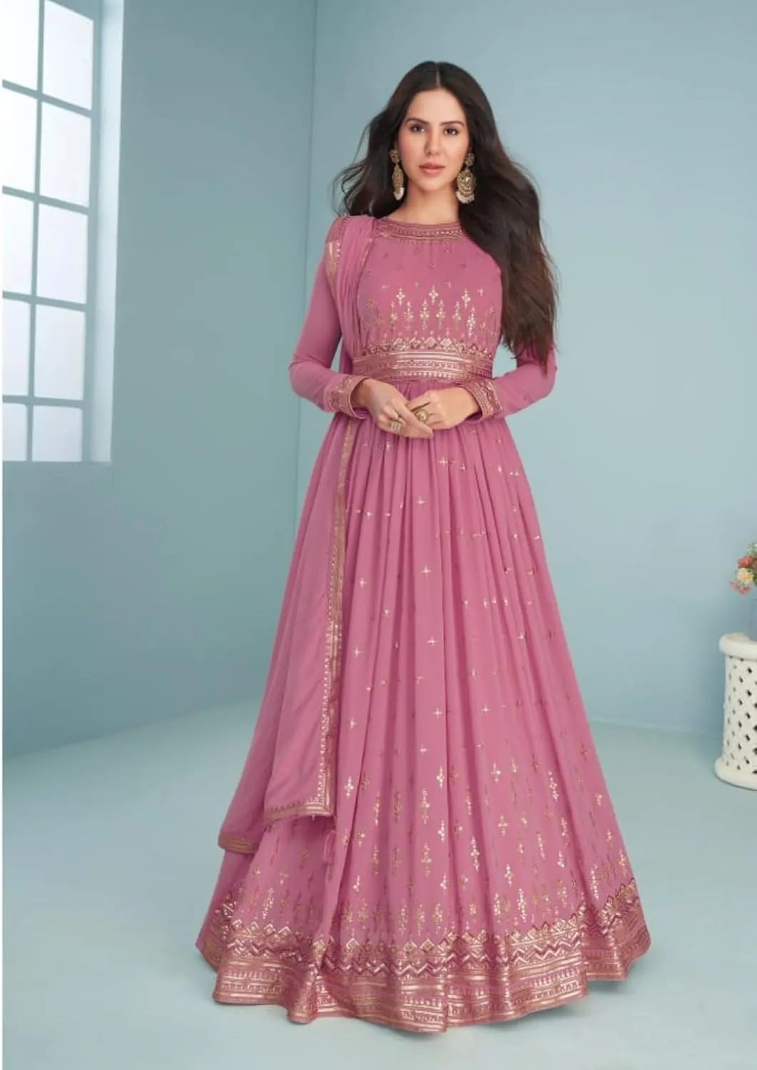 Ready To Wear Indian/Pakistani Party Wear Women's Embroidery Faux Georgette Anarkali Floral Gown For Women (9293)