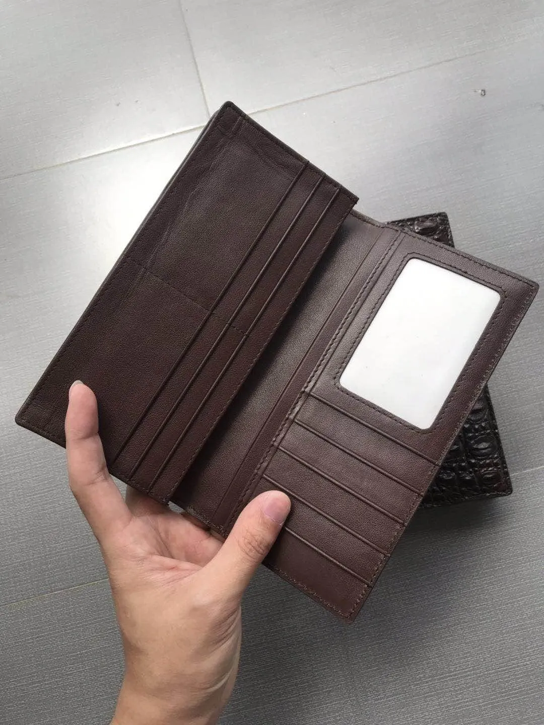 Real Crocodile Leather Men's Long Wallet Luxury Alligator Skin Genuine Leather Purses Money Bag for Men (Head Brown)