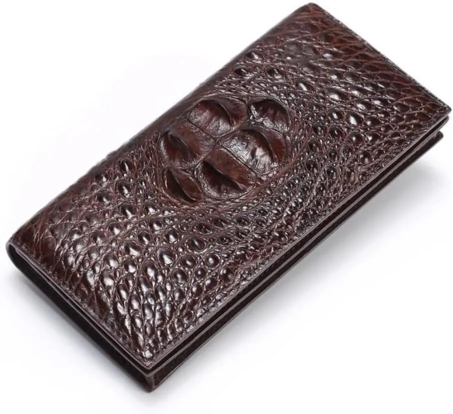 Real Crocodile Leather Men's Long Wallet Luxury Alligator Skin Genuine Leather Purses Money Bag for Men (Head Brown)