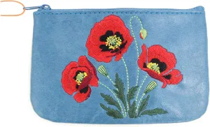 Red Poppy Flower Embroidered Small Flat Coin Pouch Coin Purse (Blue)