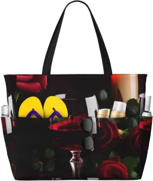 Red Wine Rose and Candle print Large Capacity Beach Travel Bag, Reusable Grocery Bag, Beach Bag