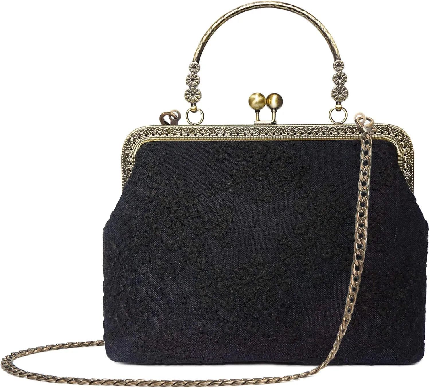 Rejolly Women Vintage Kiss Lock Top Handle Handbag Evening Purse Crossbody Shoulder Bag with Chain Strap