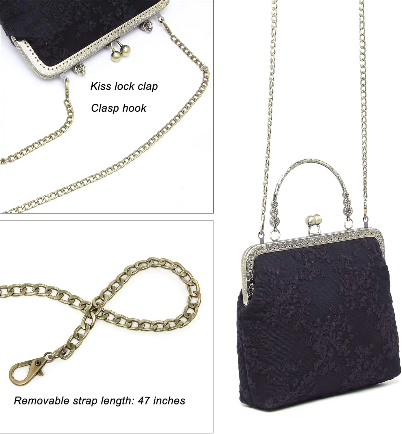 Rejolly Women Vintage Kiss Lock Top Handle Handbag Evening Purse Crossbody Shoulder Bag with Chain Strap