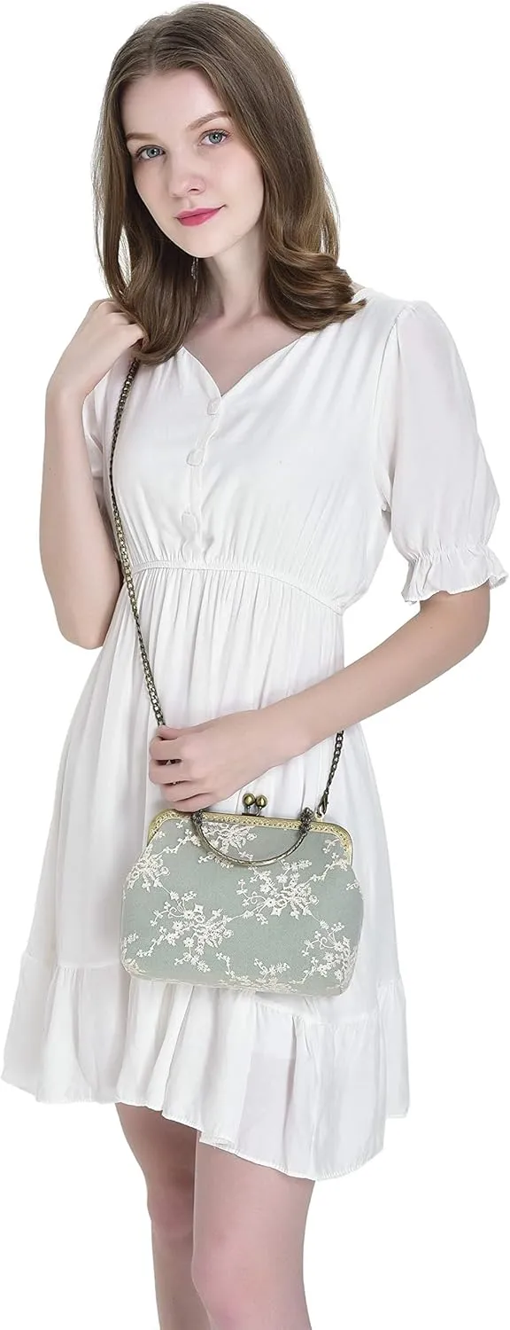 Rejolly Women Vintage Kiss Lock Top Handle Handbag Evening Purse Crossbody Shoulder Bag with Chain Strap
