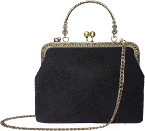 Rejolly Women Vintage Kiss Lock Top Handle Handbag Evening Purse Crossbody Shoulder Bag with Chain Strap