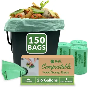 Reli. Compost Bags 2.6 Gallon (150 Count) | ASTM D6400 | Compostable Trash Bags for Food Scraps | Small Composting Liners for Kitchen CompostBin/Countertop Bin | Green, Eco for Food Waste, 2.6 Gal