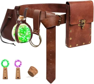 Renaissance Belt Pouch Coin Purse Potion Bottle Skirt Hike Set Medieval Festival Costume Accessories for Halloween (4-Brown)