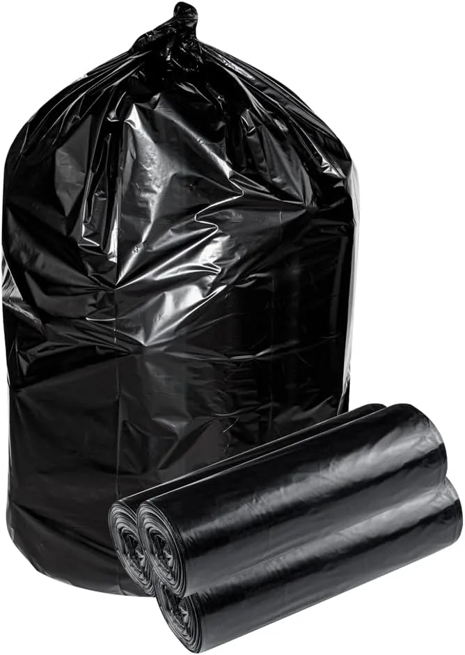 Restaurantware-RW Clean 55 Gallon Trash Bags, 100 Heavy-Duty Garbage Can Liners - Fits 55-60 Gallon Trash Cans, Stretchable, Black Plastic Bin Liners, With Star Seal Bottom