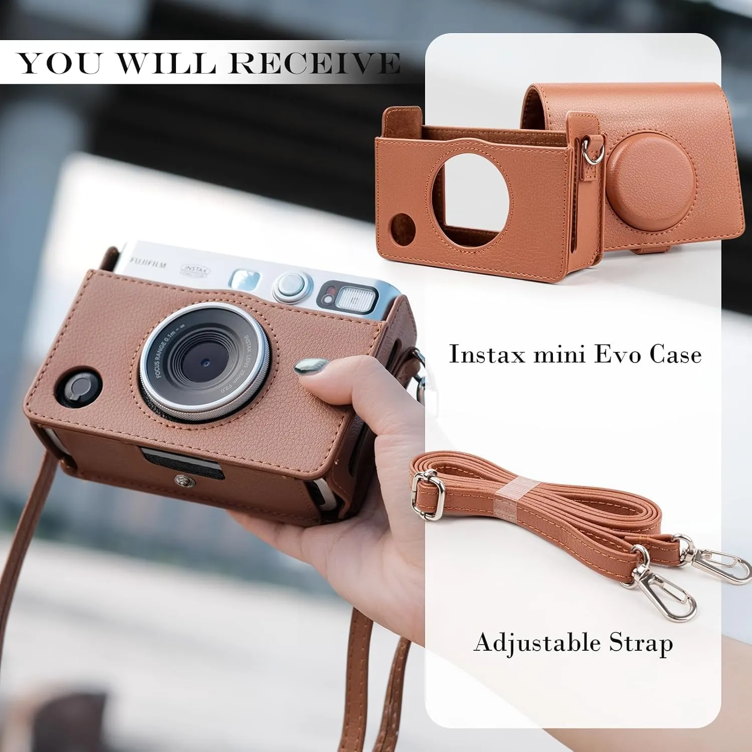 Rieibi Mini EVO Case - Vintage PU Leather Protective Case for Fuji Instax Mini EVO Instant Camera - Removable cover with Adjustable Shoulder Strap Battery Charging Port - Brown