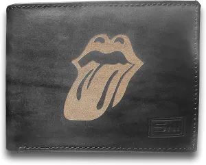 Rolling Stones Genuine Cowhide Leather Laser Engraved Engraving Mens Black Large Capacity Luxury Wallet Purse Minimalist Sleek and Slim Black Card Holder Organizer 14 Pockets