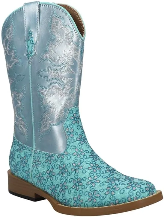 ROPER Kids Girls Glittery Floral Square Toe Casual Boots Mid Calf - Blue